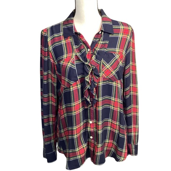 GAP Plaid Ruffle-Trim Pocket Shirt Red & Blue Tartan Plaid Large Preppy - Picture 1 of 12